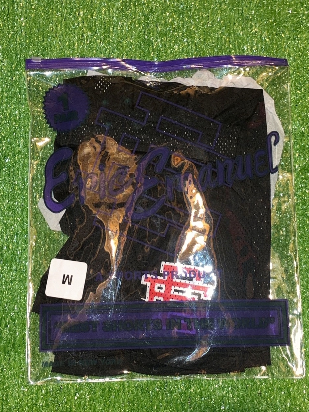 Eric Emanuel Black Athletic Mesh Shorts with Purple Logo Accent